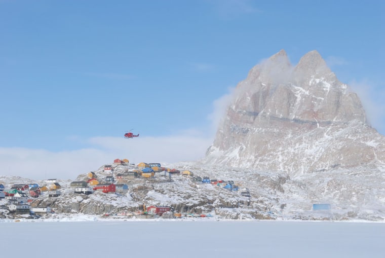 Uummannaq Mountain, 350 miles north of the Arctic Circle, towers over the eponymous town, which can be reached only in good weather--and only by helicopter.